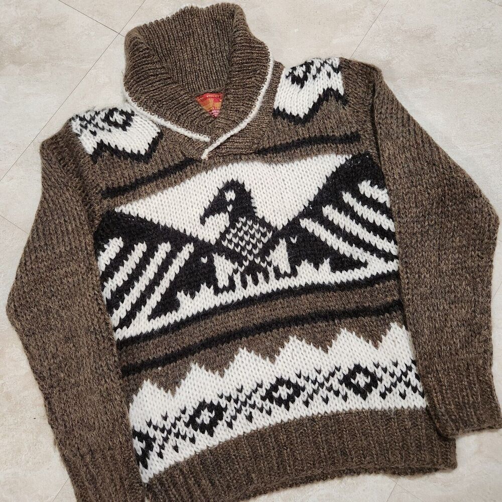 VTG Hand Knit Cowichan Thunderbird Mens M Medium Shawl Collar Eagle‎ Sweater - Picture 2 of 10